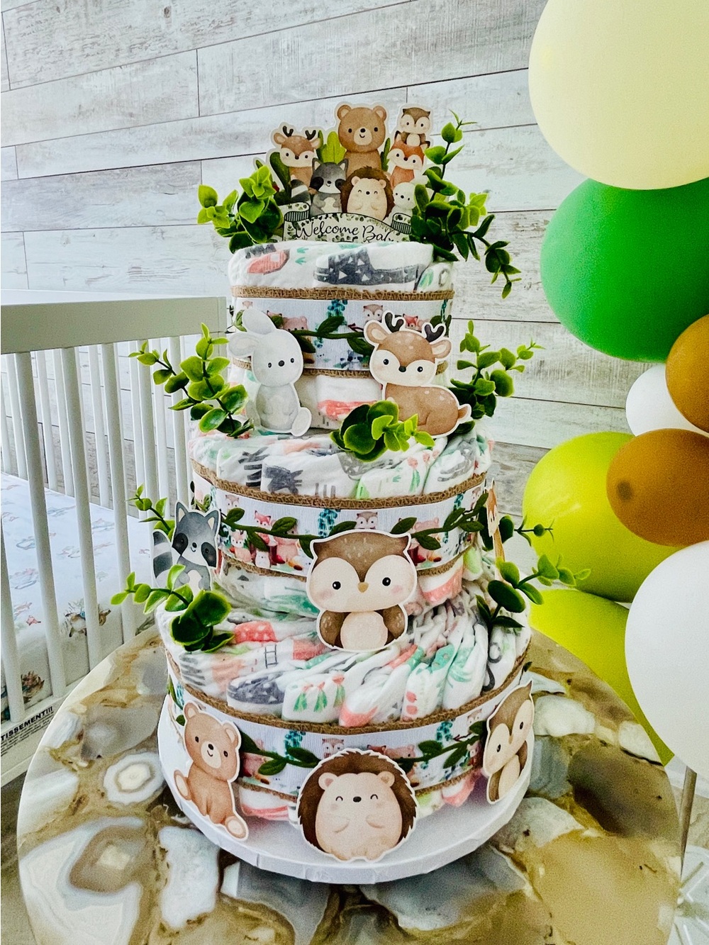 New HANDMADE Woodland Animals Diaper Cake - Neutral Woodland Baby Gift